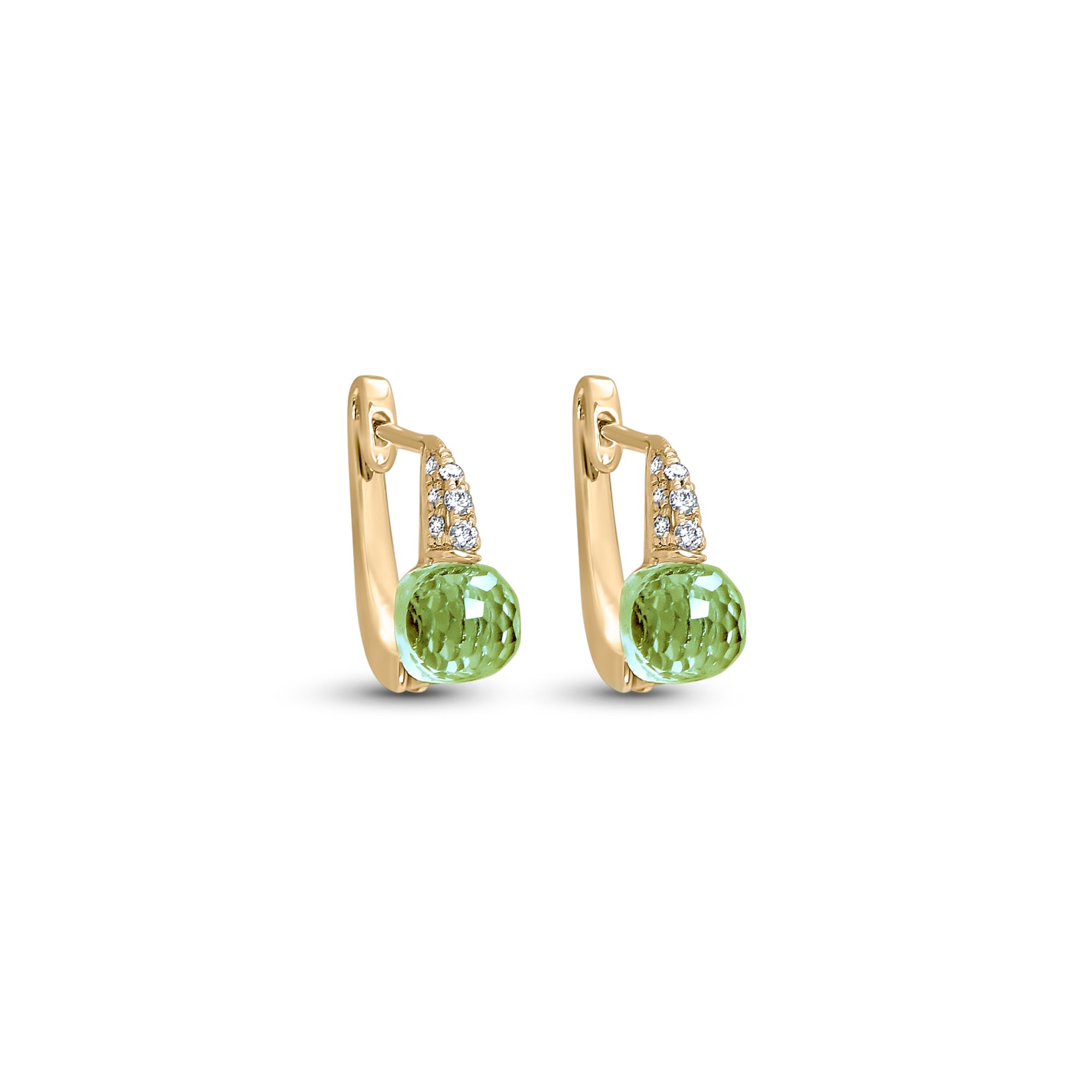 Boucles d'oreilles en or Fairtrade 18K ornées d'un pavé de diamants et d'une pirre centralle taillée en multifacettes.