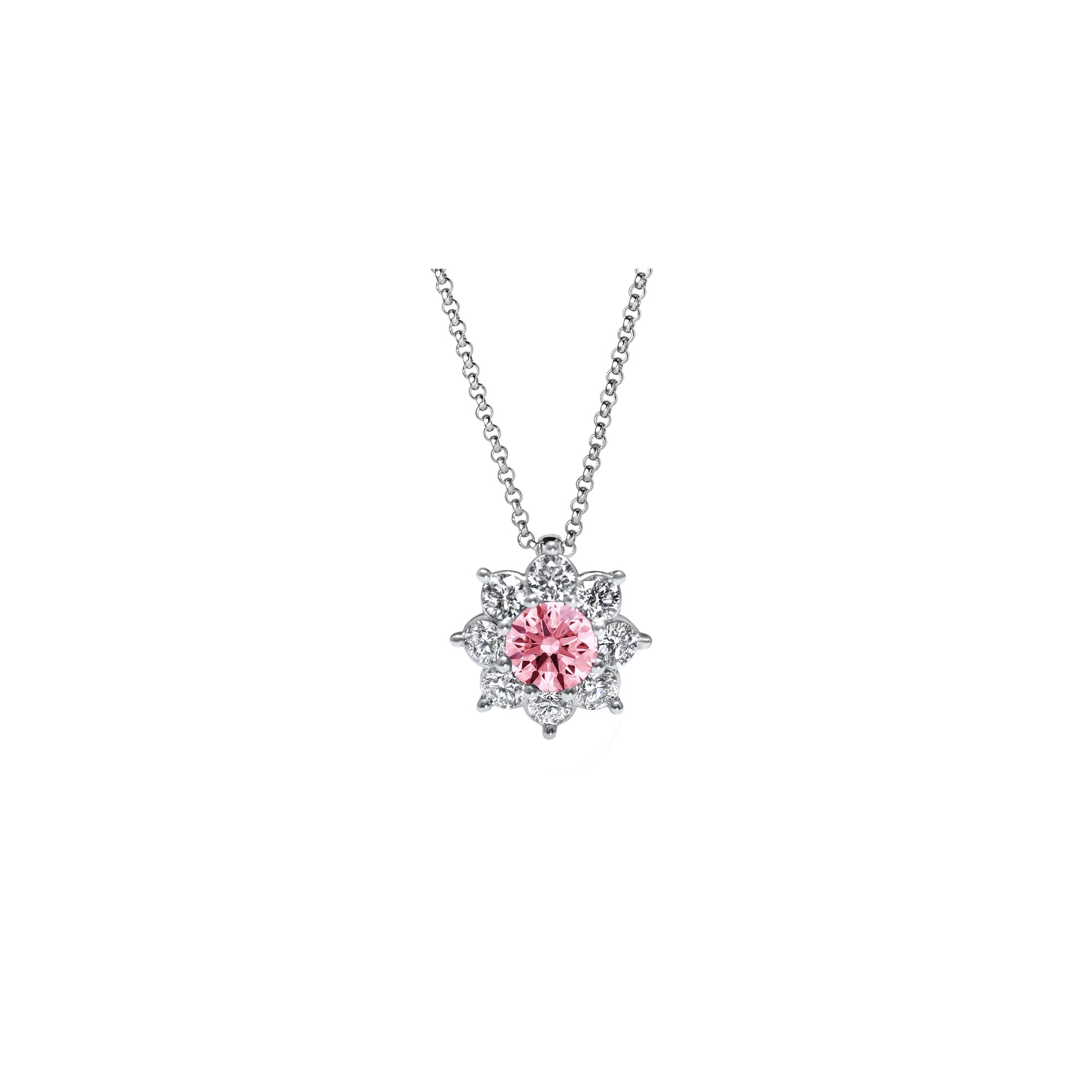 Pendentif avec une pierre de couleur couronné par huit pétales de diamants de culture qui apportent une touche fleurie et colorée.